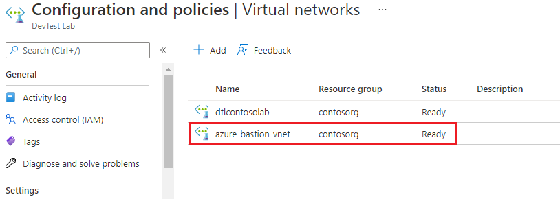 Screenshot that shows the added virtual network on the lab's Virtual networks page.
