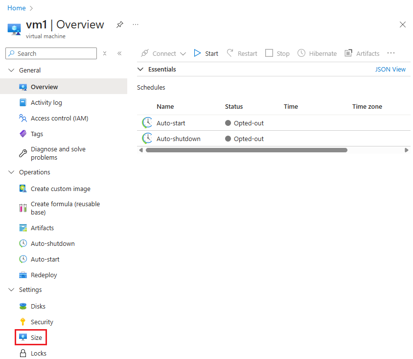 Screenshot that shows selecting Size in the VM's left navigation.
