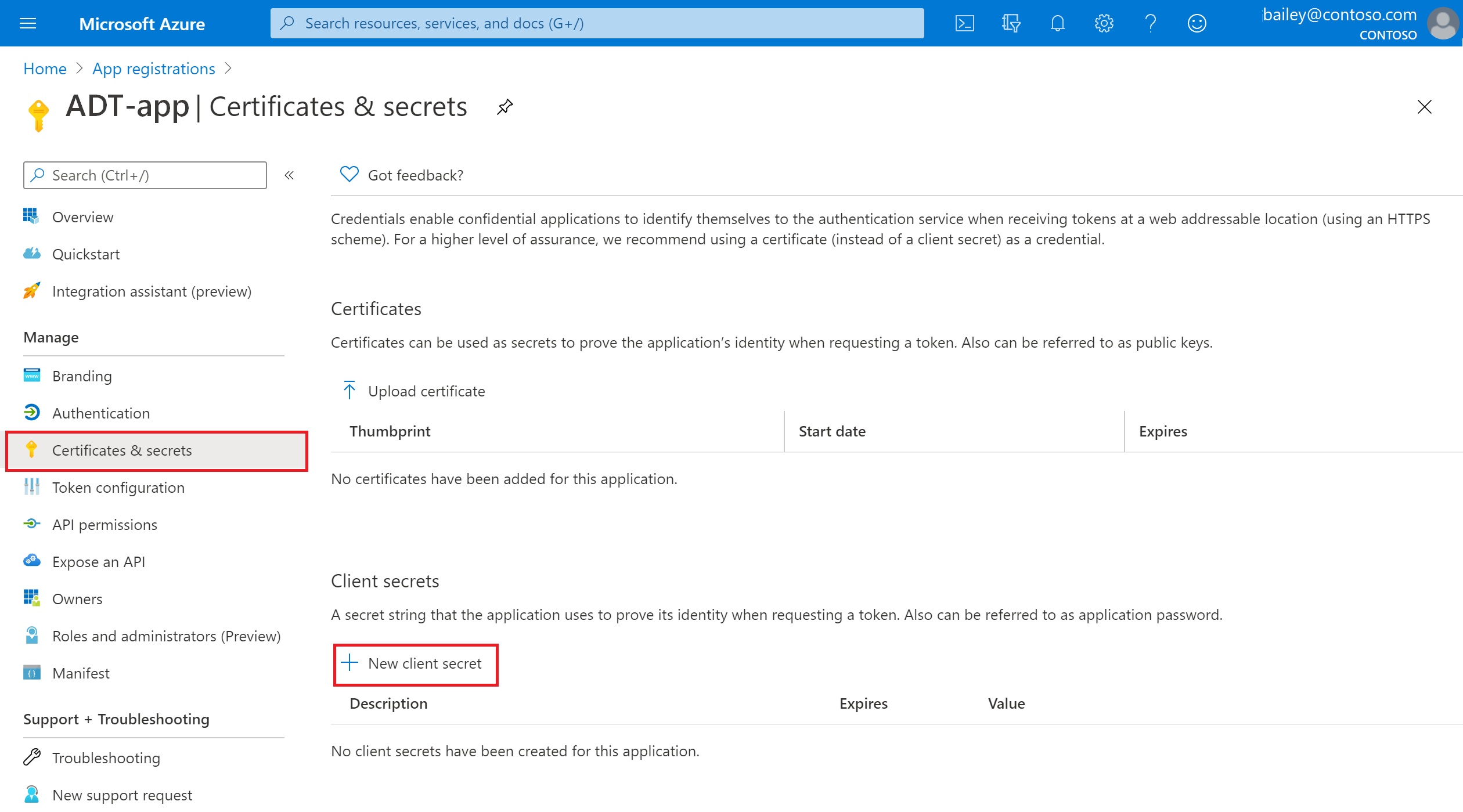 Screenshot of the Azure portal showing a Microsoft Entra app registration and a highlight around 'New client secret'.