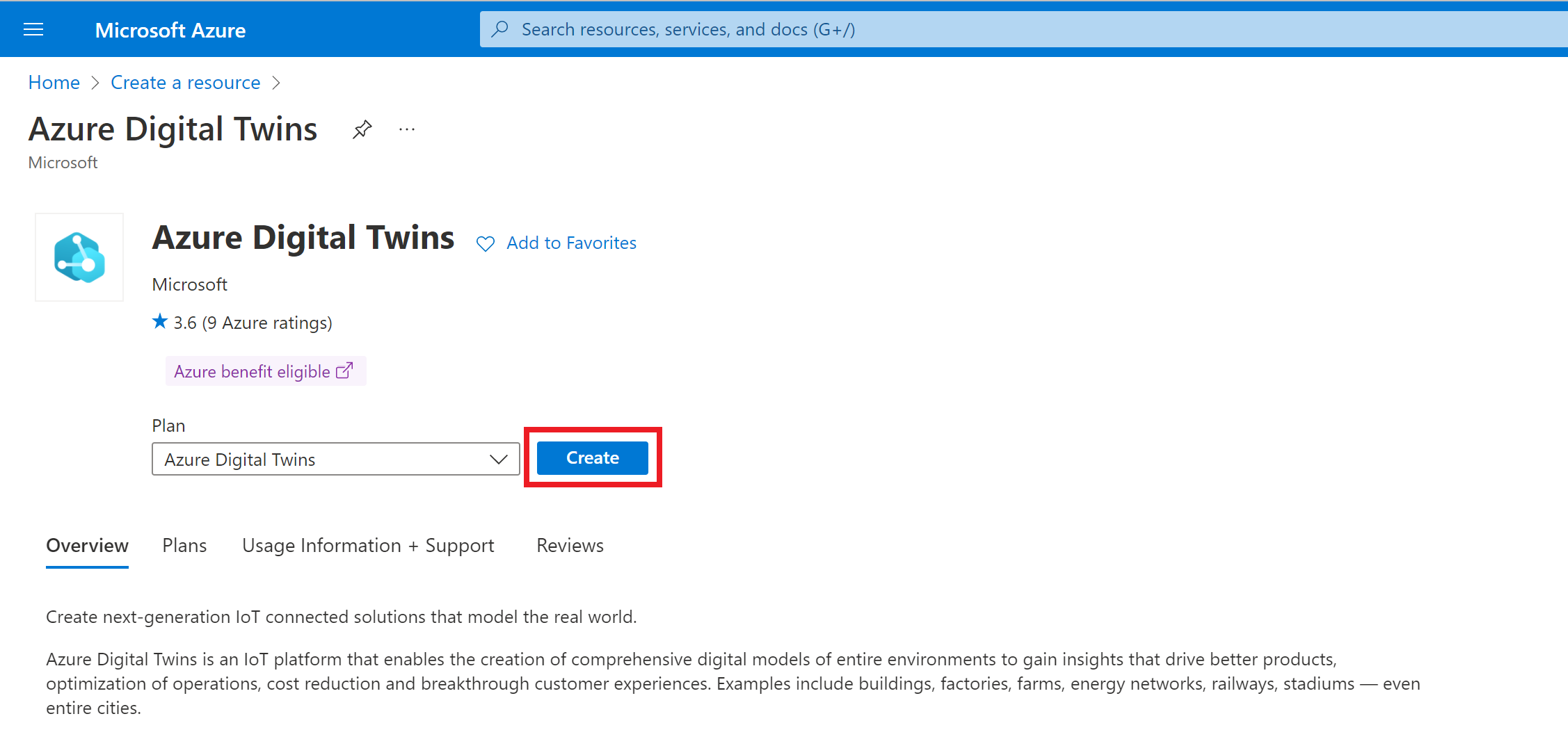 Azure Digital Twins 서비스 페이지의 '만들기' 단추가 강조 표시된 Azure Portal의 스크린샷.