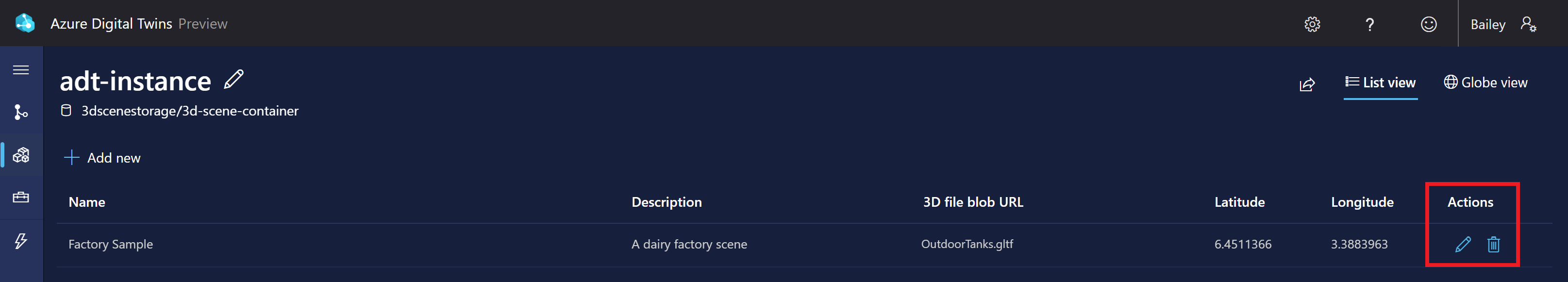 Screenshot of 3D Scenes Studio, highlighting actions for a scene.