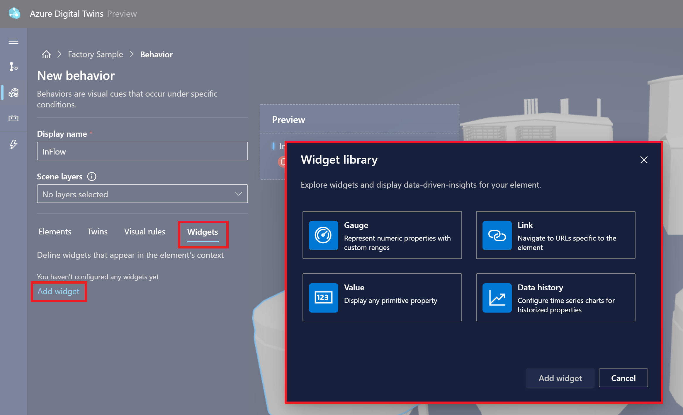 Screenshot of the New behavior options in 3D Scenes Studio. The Widgets tab is highlighted and the Widget library is visible.
