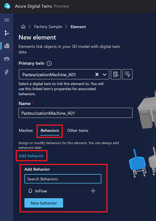 Screenshot of the New element options in 3D Scenes Studio. The Behaviors tab is highlighted.