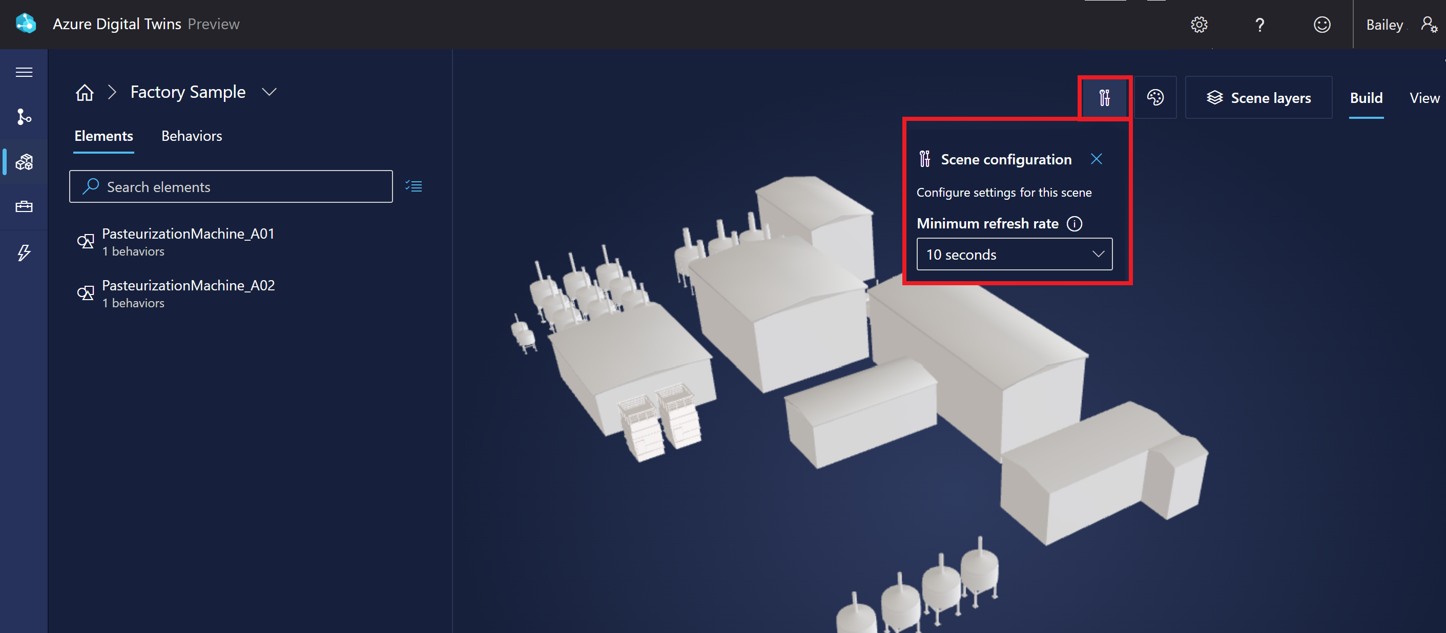 Screenshot of 3D Scenes Studio in Build mode. The scene configuration option is highlighted.