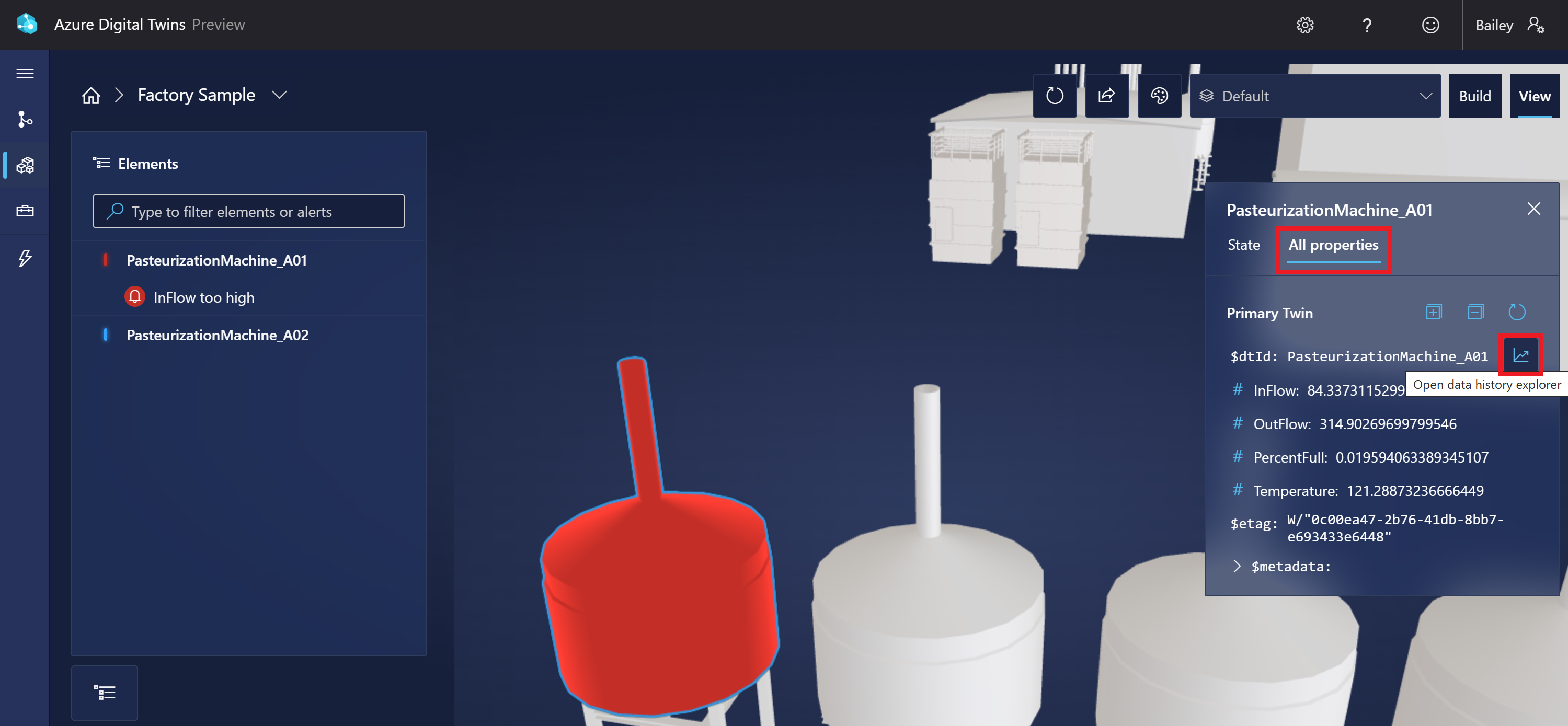Screenshot of 3D Scenes Studio, showing the icon to open the data history explorer.