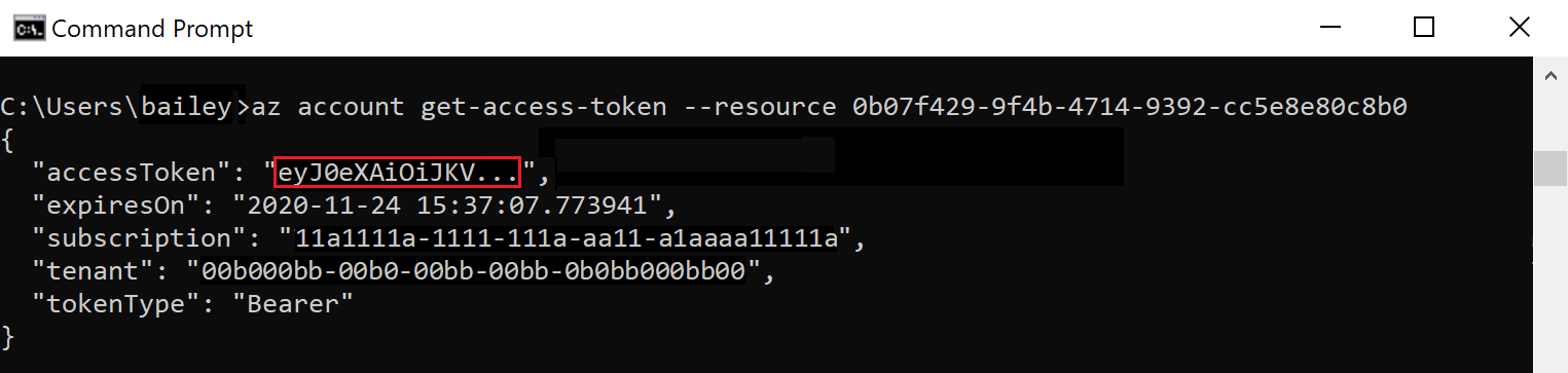 Screenshot of the console showing the result of the az account get-access-token command. The accessToken field with its sample value highlighted.