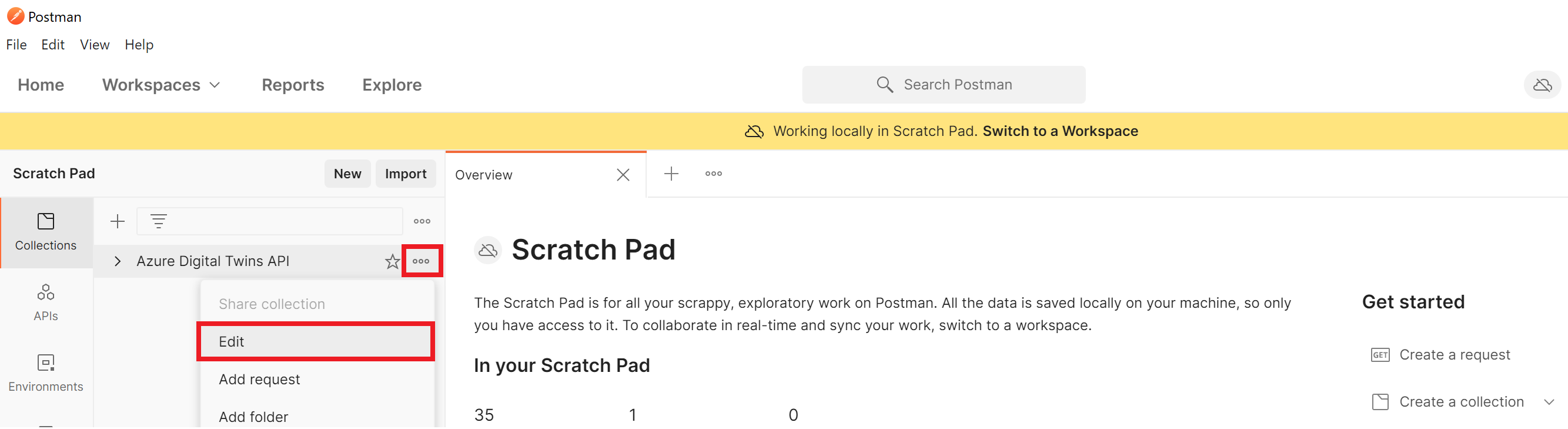 Screenshot of Postman. The 'View more actions' icon for the imported collection is highlighted, and 'Edit' is highlighted in the options.