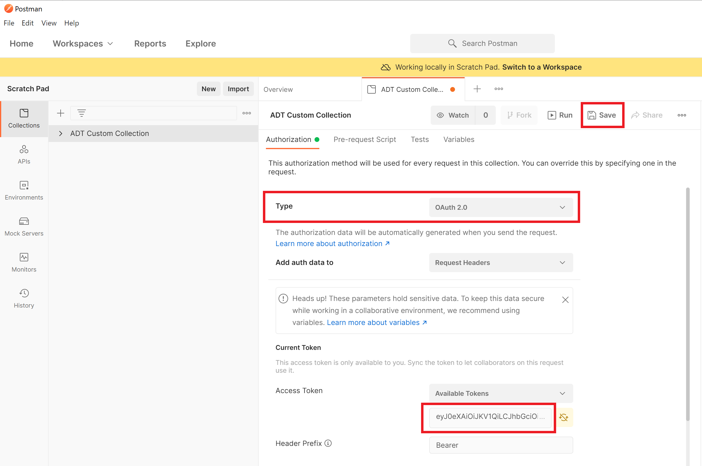 Screenshot of the Postman edit dialog for the new collection, on the 'Authorization' tab. Type is 'OAuth 2.0', and Access Token box is highlighted.