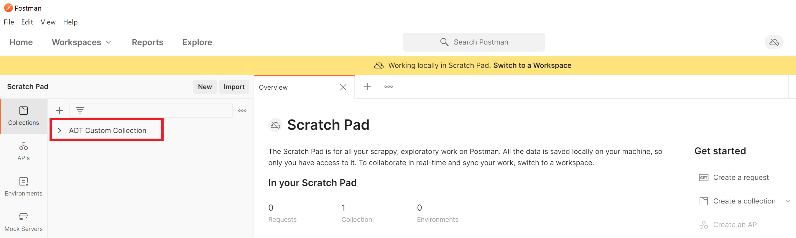 Screenshot of the main Postman window. The newly created custom collection is highlighted in the 'Collections' tab.