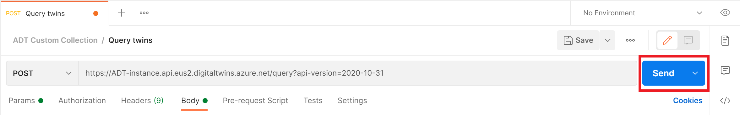 Screenshot of Postman showing the details of the new request. The Send button is highlighted.