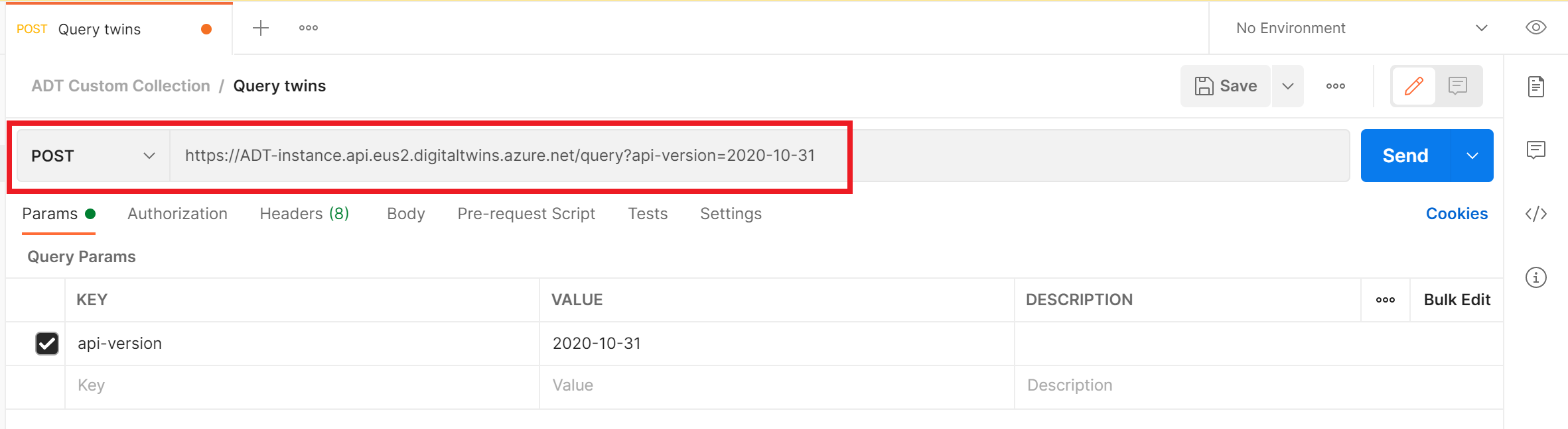 Screenshot of the new request's details in Postman. The query URL from the reference documentation has been filled into the request URL box.