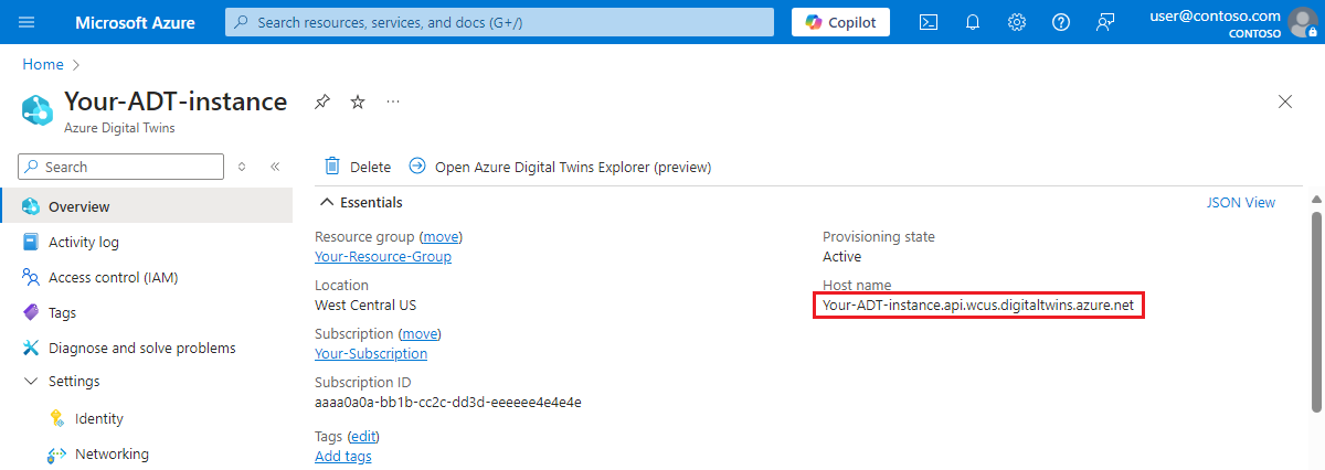 Azure Digital Twins 인스턴스의 개요 페이지를 보여 주는 Azure Portal의 스크린샷. 호스트 이름이 강조 표시됩니다.