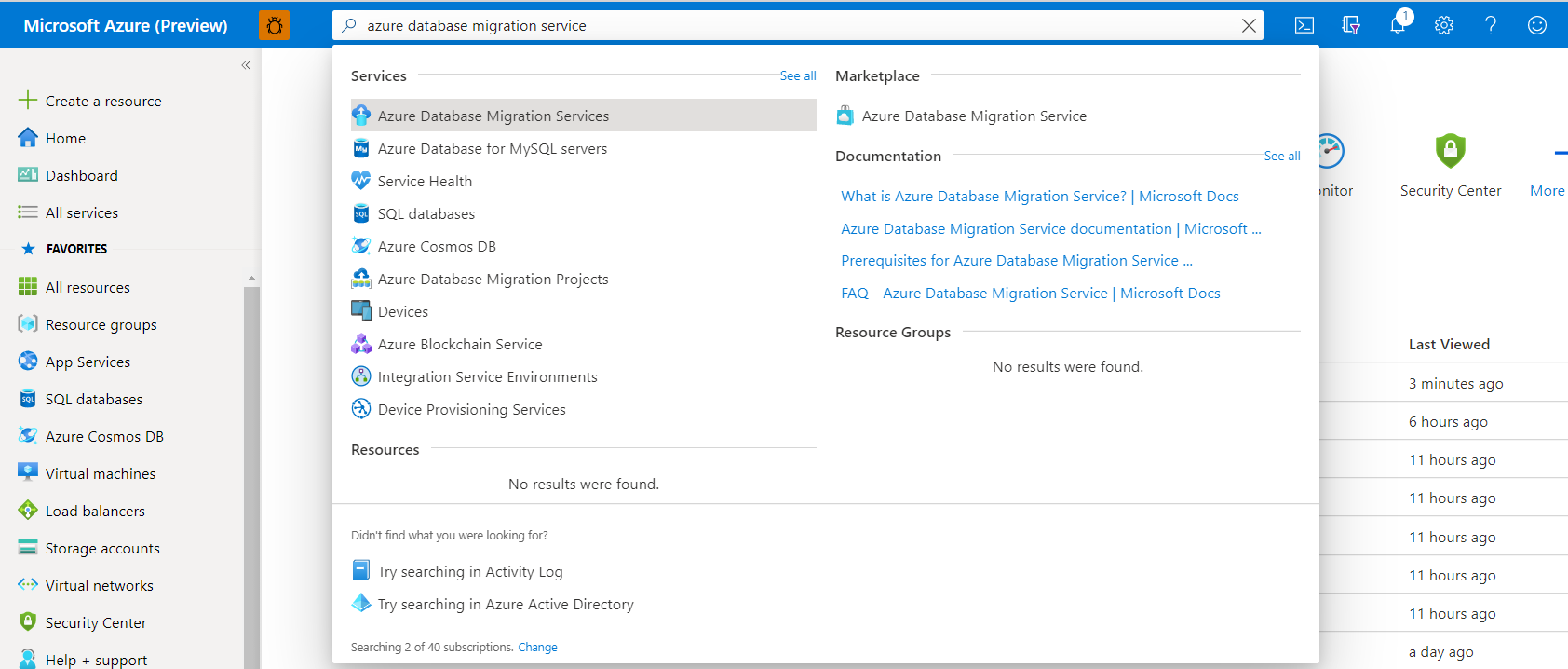 Azure Database Migration Service의 모든 인스턴스 찾기 스크린샷.