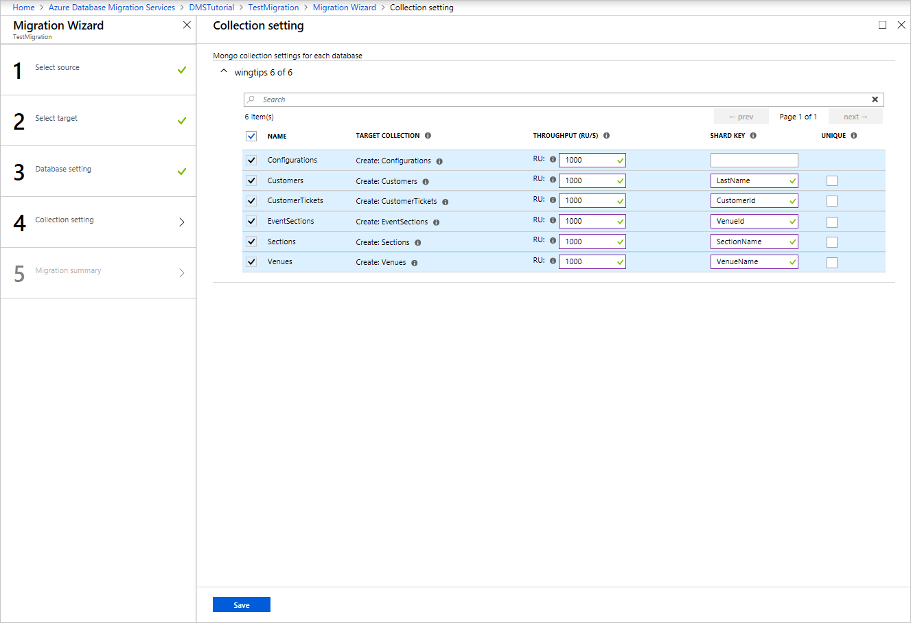 Screenshot that shows selecting collections tables.