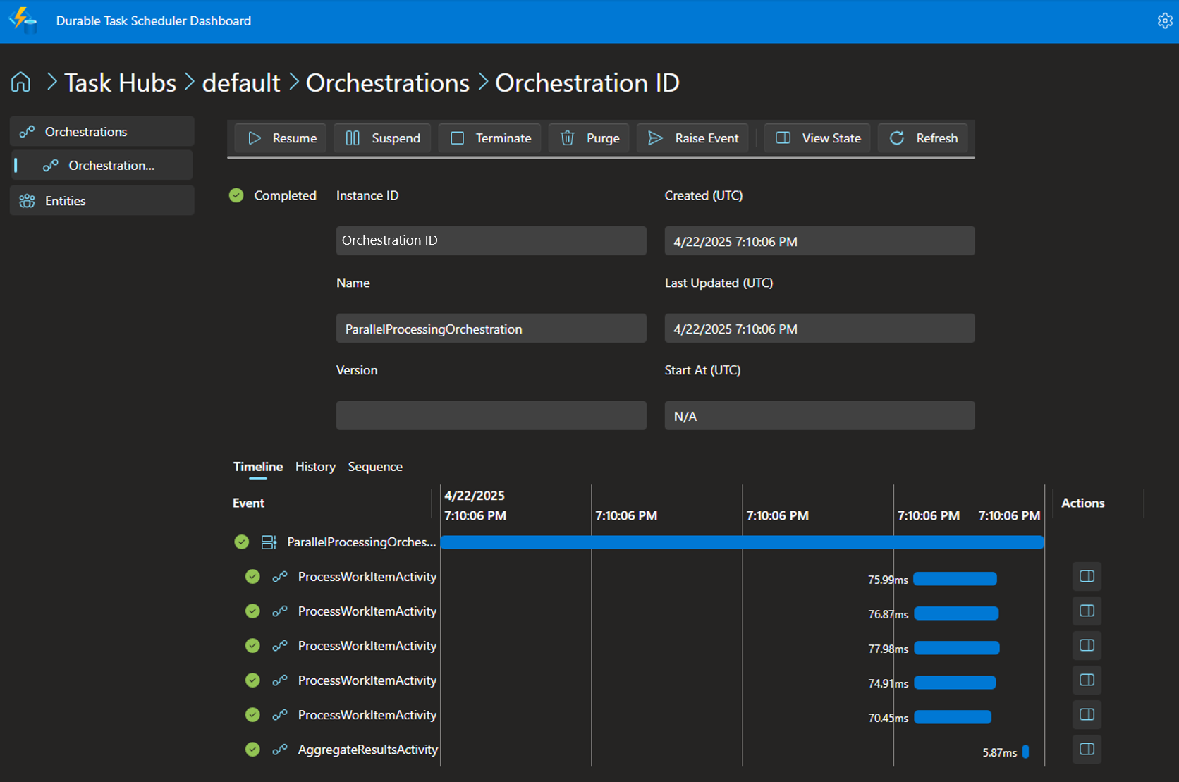 .NET 샘플에 대한 오케스트레이션 인스턴스의 세부 정보를 보여 주는 스크린샷