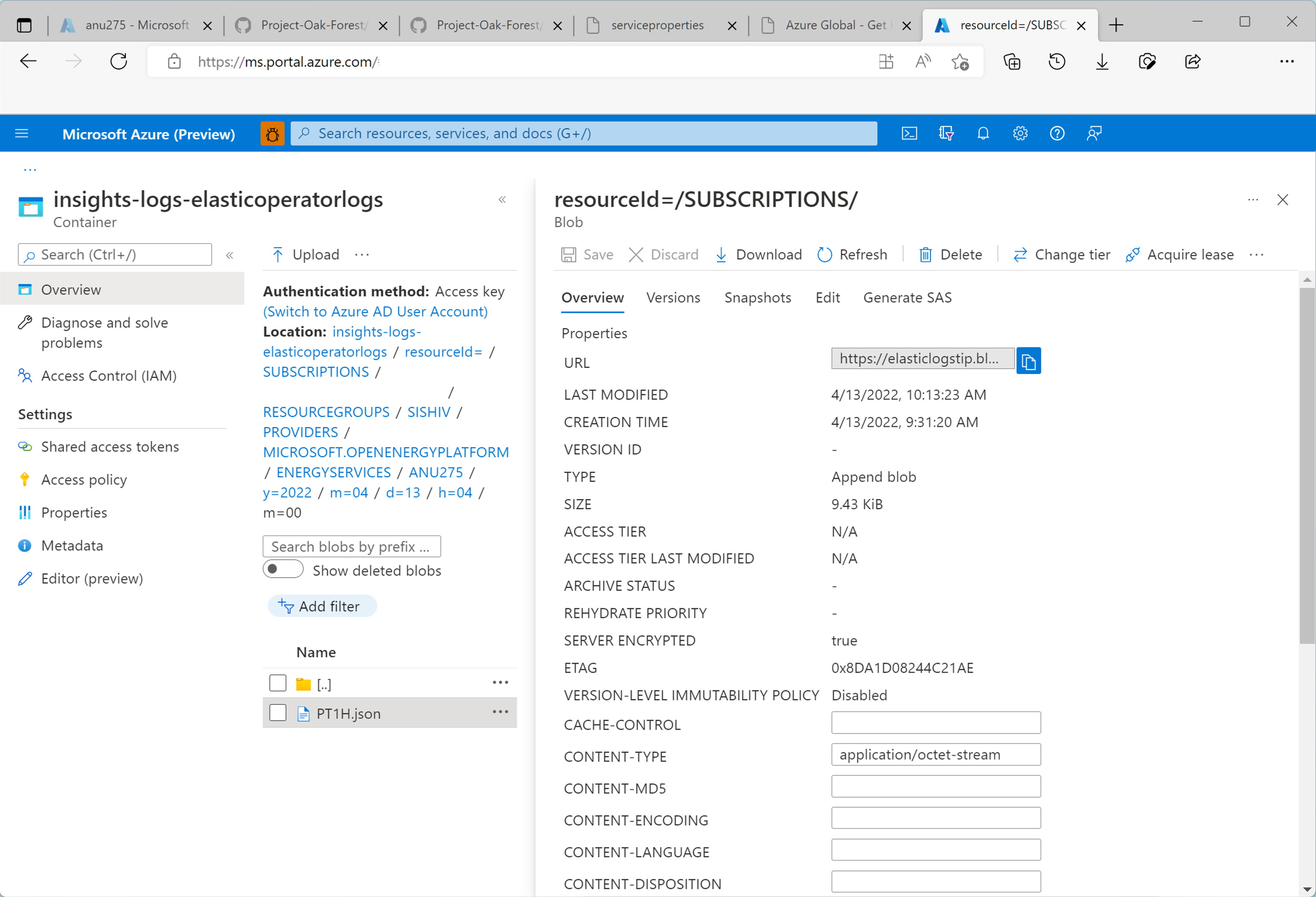 스토리지 계정에서 다운로드한 JSON 파일을 보는 스크린샷. 표시된 다른 옵션에는 JSON 파일의 URL 가져오기가 포함됩니다.