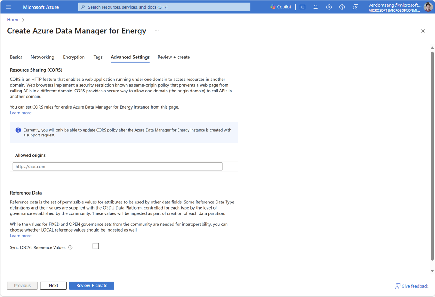 Azure Data Manager for Energy에서 원본 간 리소스 공유를 구성하는 탭의 스크린샷.