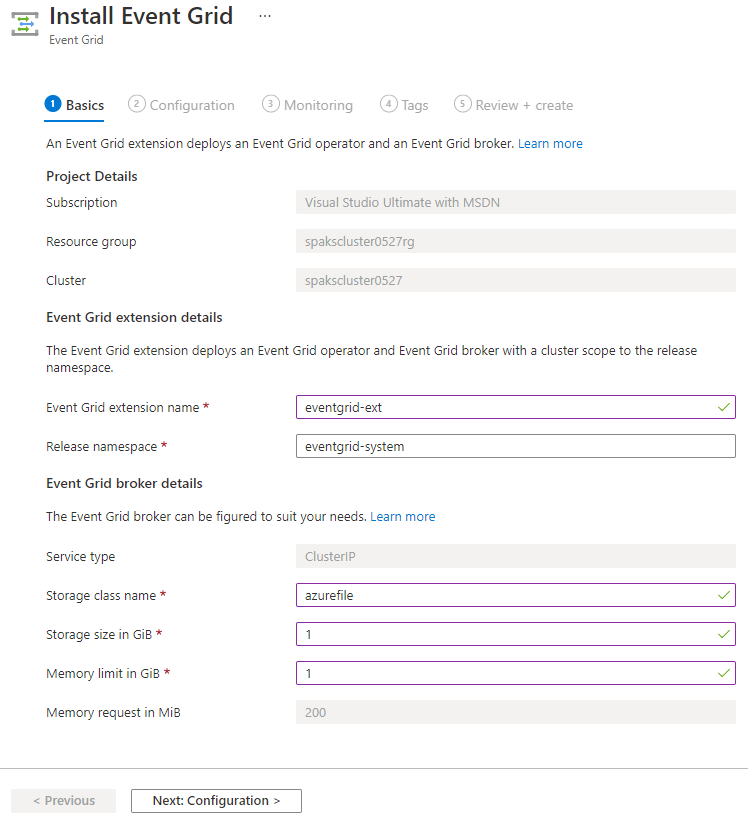 Install Event Grid extension - Basics page