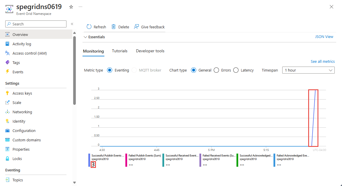 Azure Portal의 Event Grid 네임스페이스 페이지를 보여 주는 스크린샷.