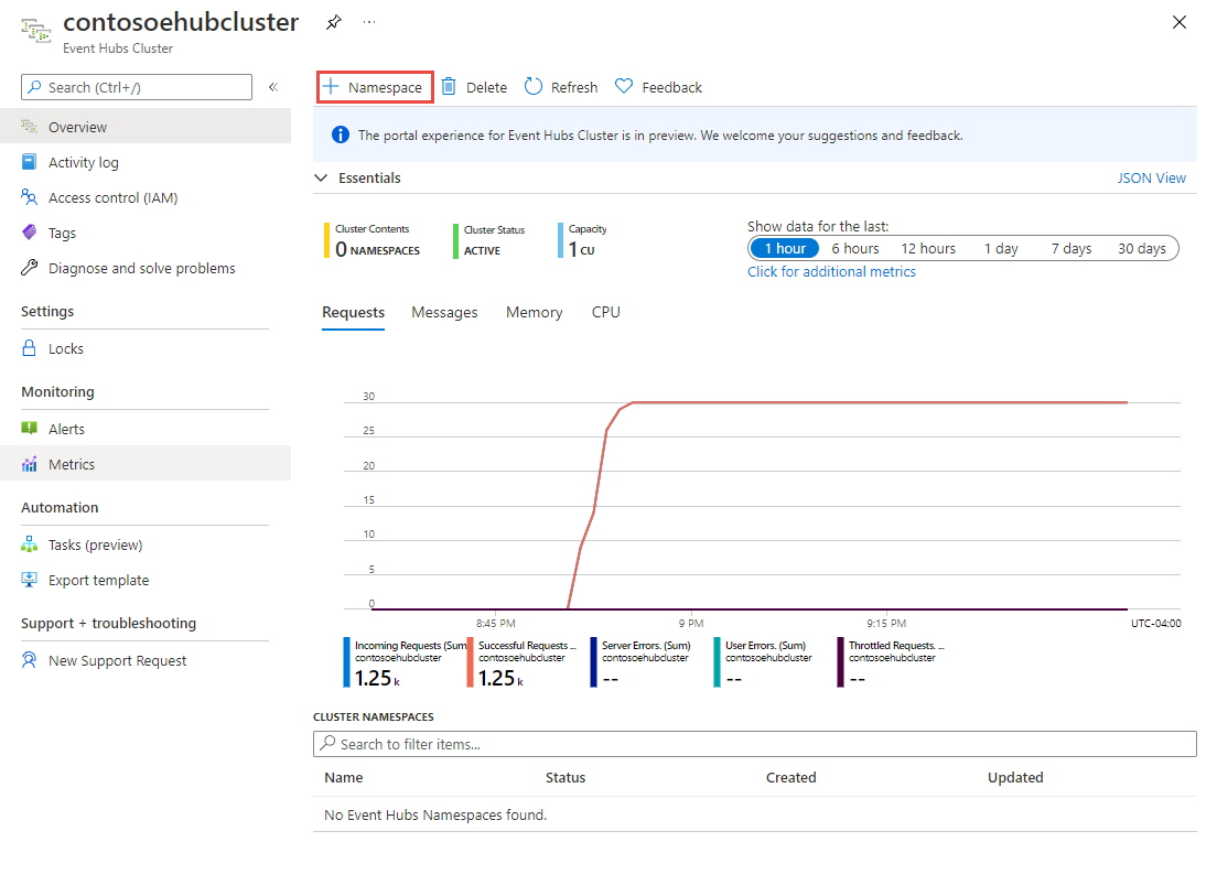 Image showing the Cluster management page - add namespace button.