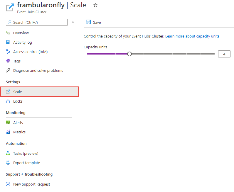 Screenshot showing the Scale tab of the Event Hubs Cluster page.