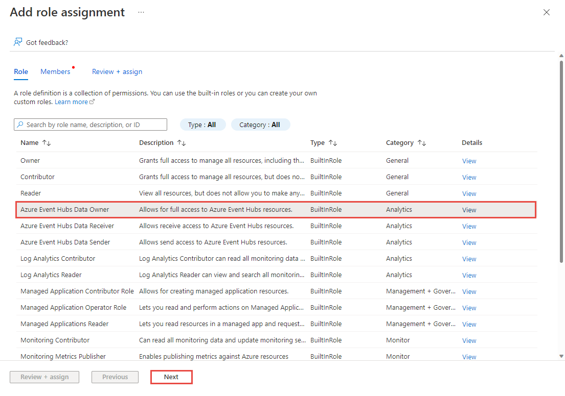 Screenshot showing the selection of the Azure Event Hubs Data Owner role.