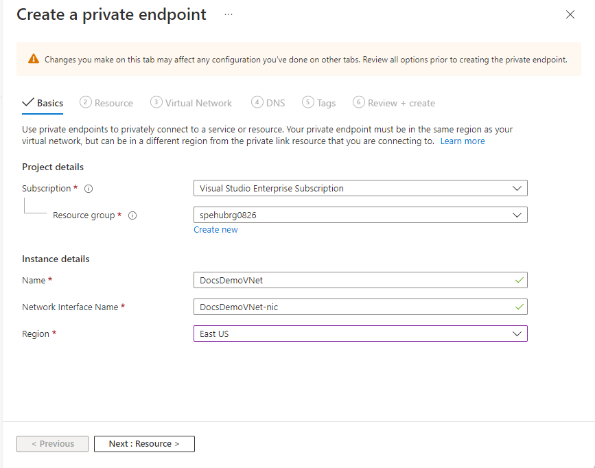 Screenshot showing the Basics page of the Create private endpoint wizard.