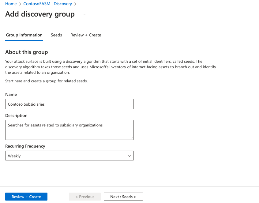 Screenshot that shows the first page of the discovery group setup.