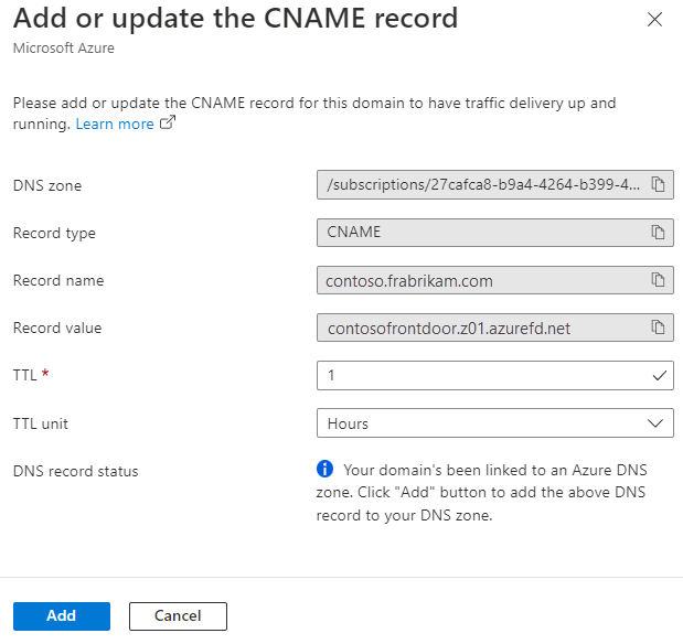 CNAME 레코드 추가 또는 업데이트 창을 보여 주는 스크린샷.