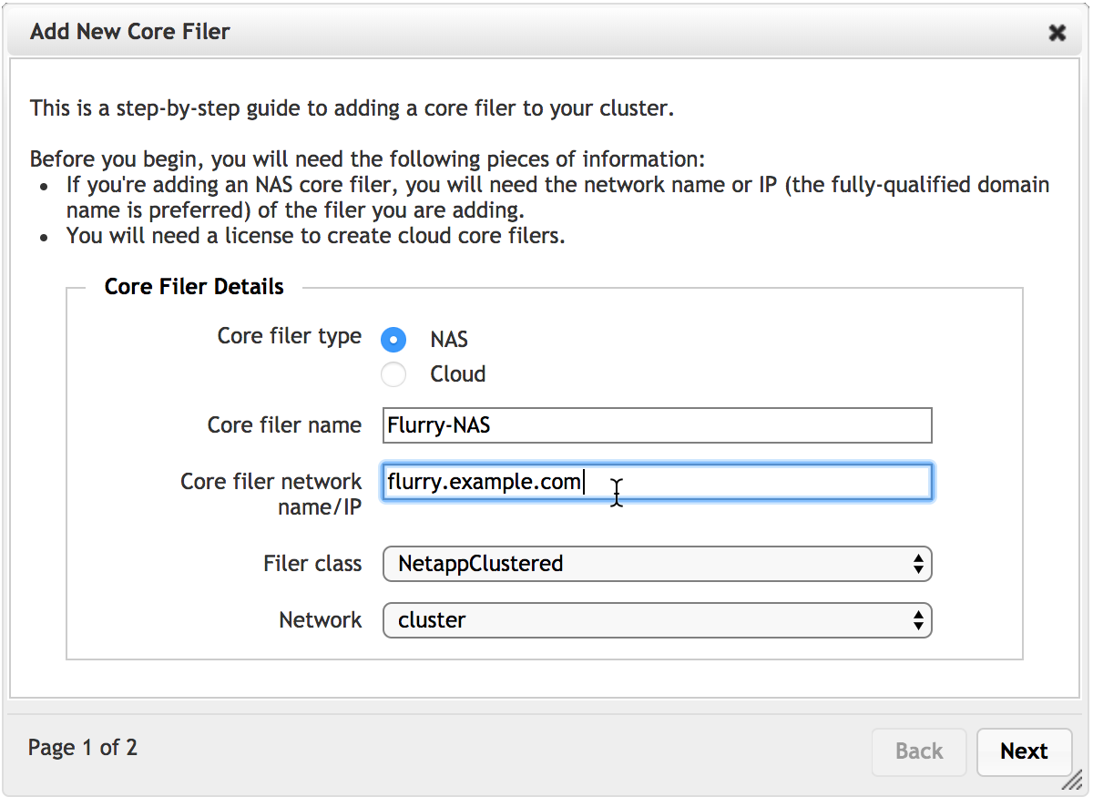 First page of the hardware NAS new core filer wizard. The option for 