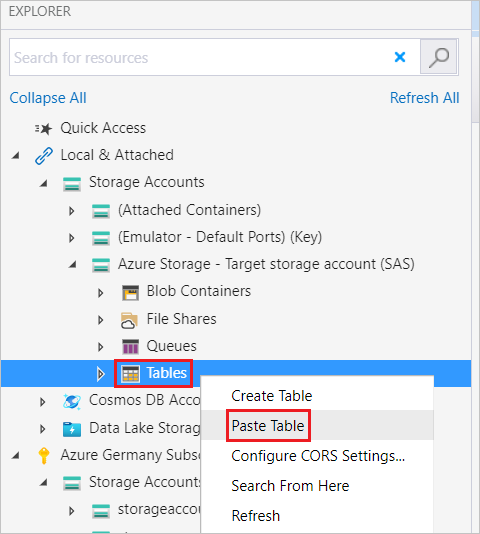 대상 Azure Storage 선택한 테이블 붙여넣기 메뉴