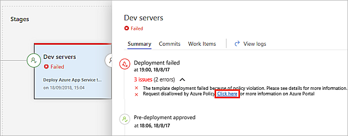 Screenshot of Azure Policy failure message.