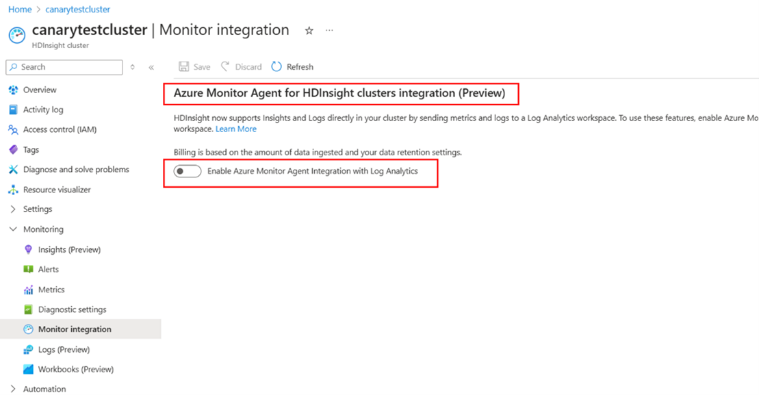 Azure Monitor 통합을 보여 주는 스크린샷.