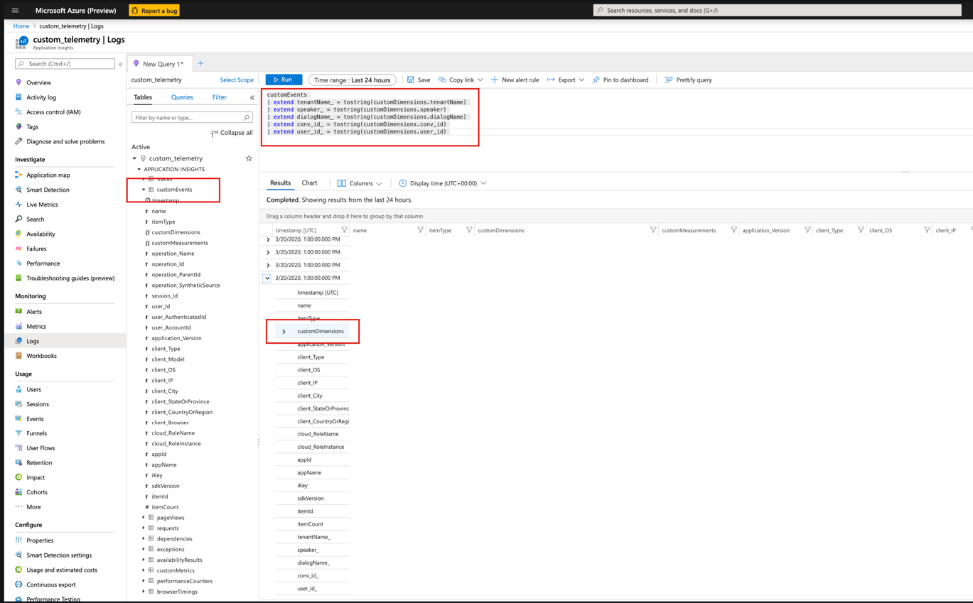 A screenshot of the custom telemetry in application insights