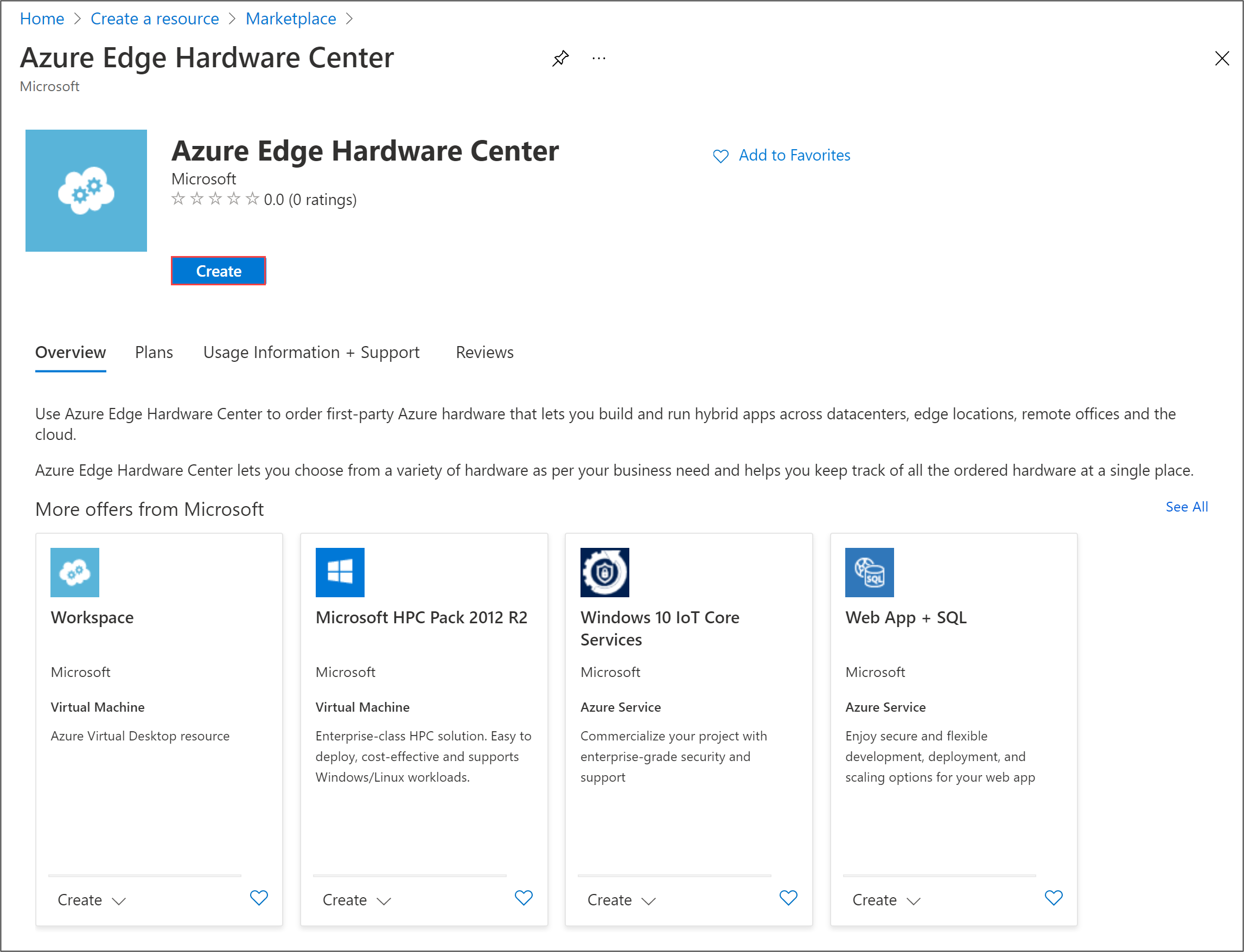 Azure Stack Edge Hardware Center 홈페이지의 스크린샷. [만들기] 단추가 강조 표시되어 있습니다.