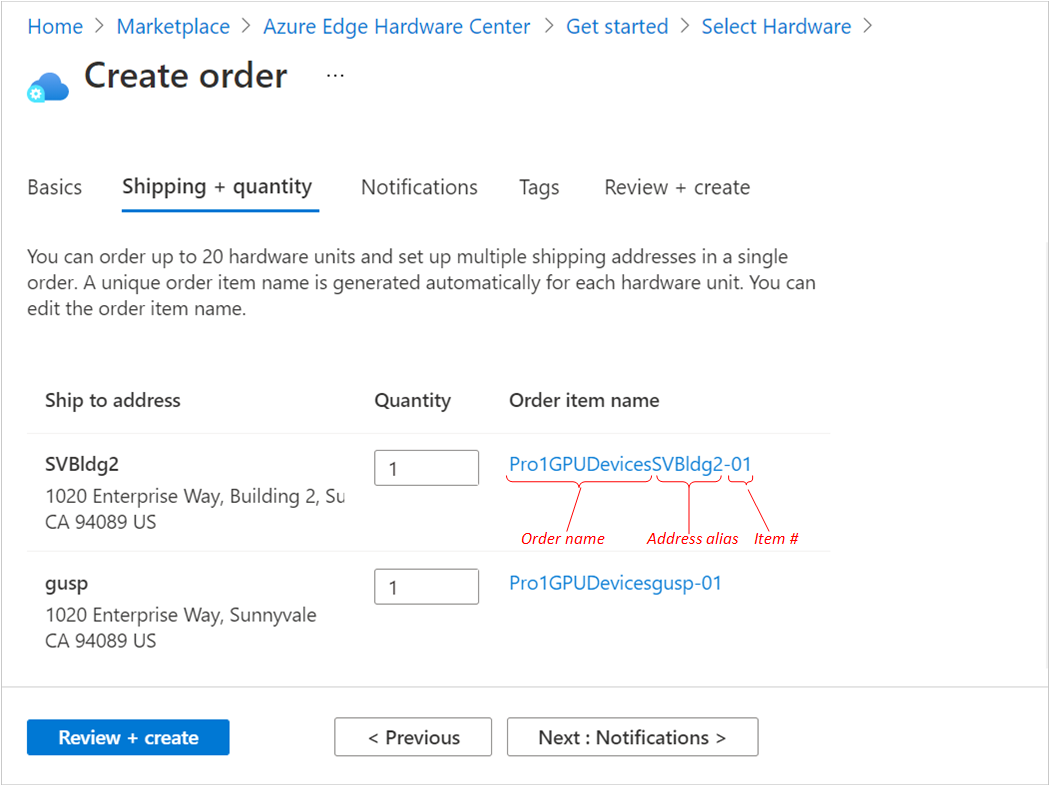 Illustration of Shipping Plus Quantity tab for Azure Edge Hardware Center order with 2 addresses. The parts of an order item name are identified.