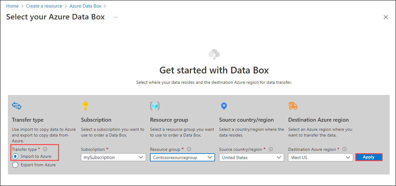 새 Data Box 주문에 대한 시작 옵션을 보여 주는 스크린샷 Azure로 가져오기 전송 유형과 적용 단추가 강조 표시됩니다.