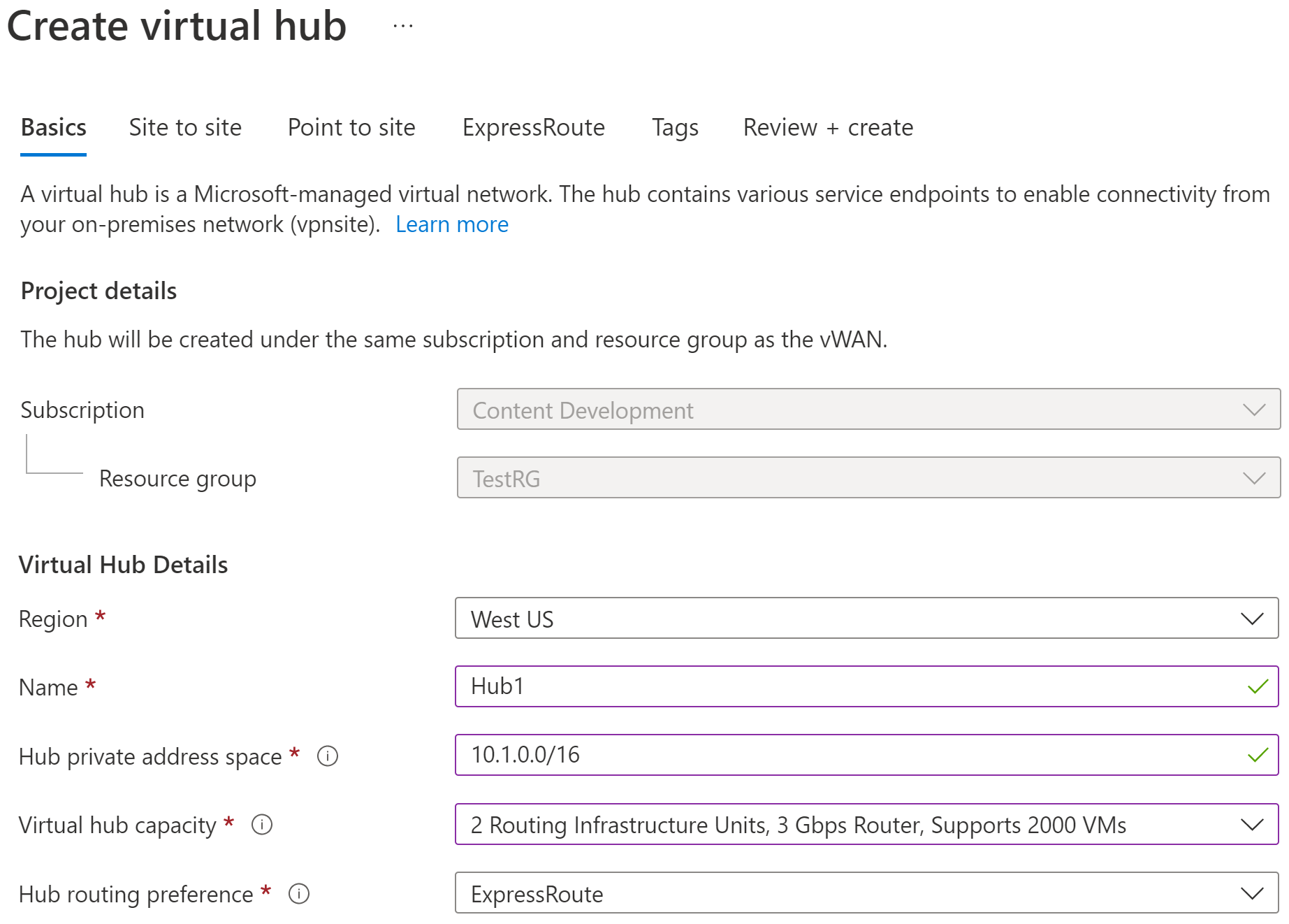Screenshot shows the Create virtual hub pane with the Basics tab selected.