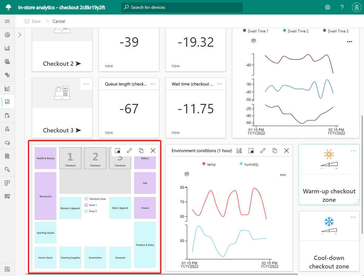 Screenshot that shows the in-store analytics application dashboard store map tile.