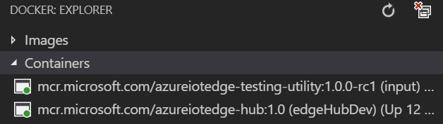 Visual Studio Code의 Docker 탐색기 창에서 시뮬레이터 모듈 상태를 보여주는 스크린샷.