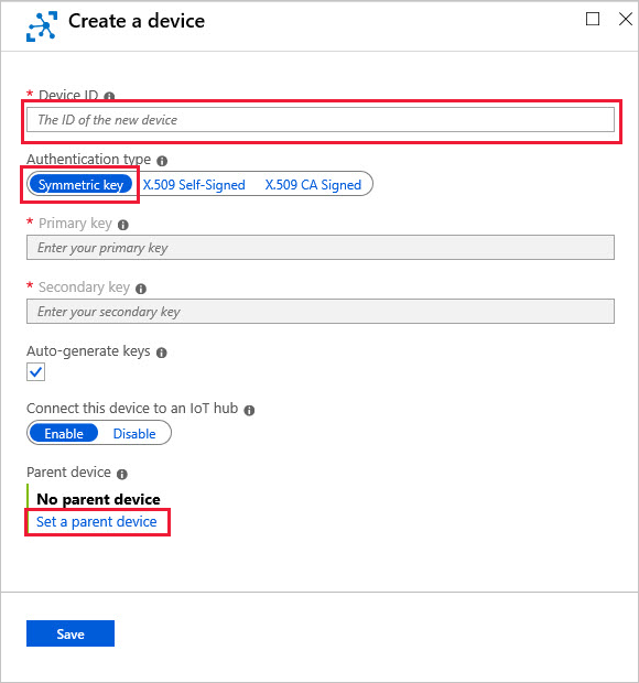 Azure Portal에서 대칭 키 권한 부여를 사용하여 디바이스 ID를 만드는 방법에 대한 스크린샷.