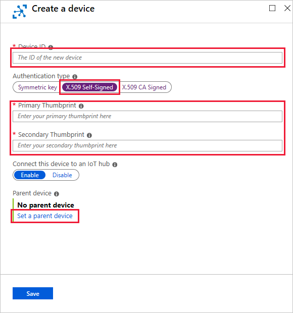 Azure Portal에서 X.509 자체 서명된 권한 부여를 사용하여 디바이스 ID를 만드는 방법을 보여 주는 스크린샷.