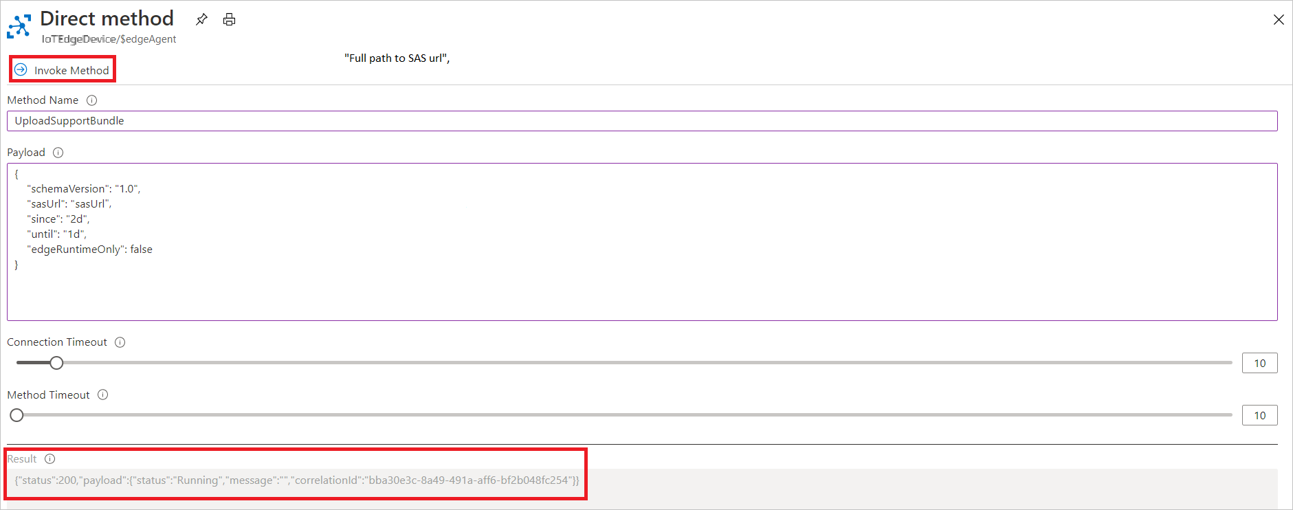 Azure Portal에서 UploadSupportBundle 직접 메서드를 호출하는 스크린샷.