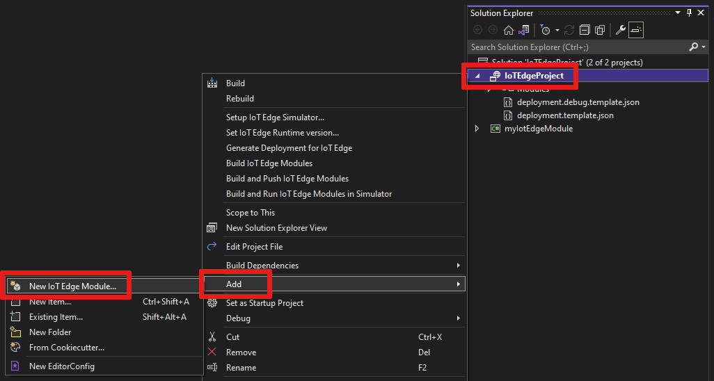 메뉴에서 '새 IoT Edge 모듈'을 추가하는 방법의 스크린샷.