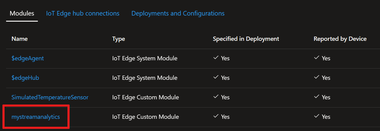 Screenshot showing the name of your Stream Analytics modules in your I o T Edge device in the Azure portal.