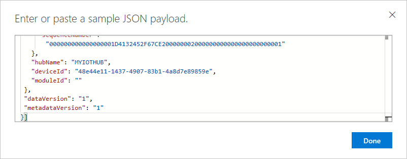 Screenshot of the sample JSON payload pasted into the text box in Azure.