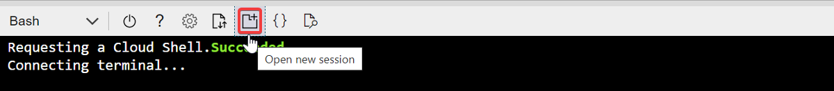 도구 모음에서 새 세션 열기 아이콘을 강조 표시하는 Azure Cloud Shell 창의 스크린샷