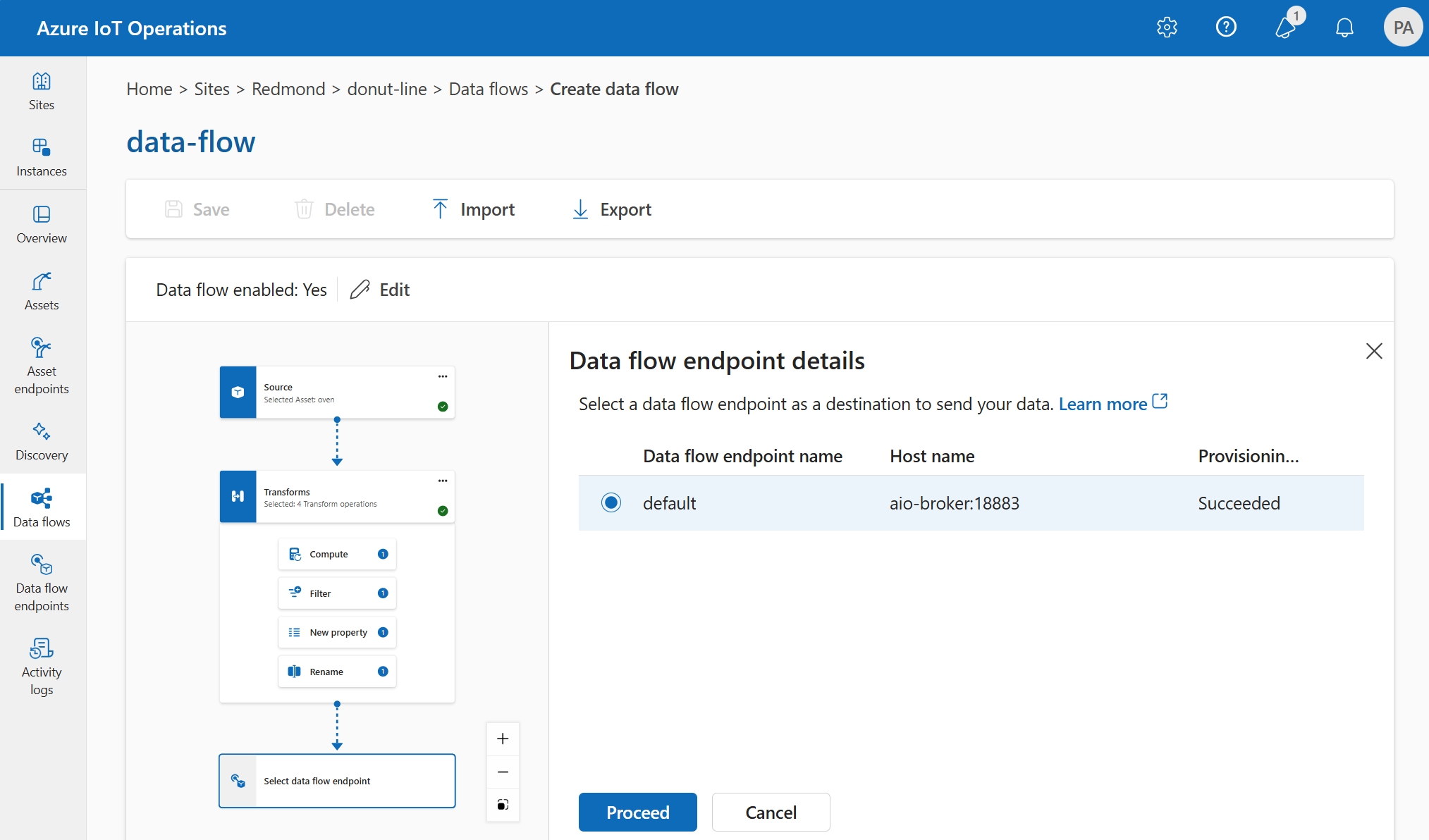 Event Hubs 대상 엔드포인트를 선택하기 위해 운영 환경을 활용한 스크린샷.