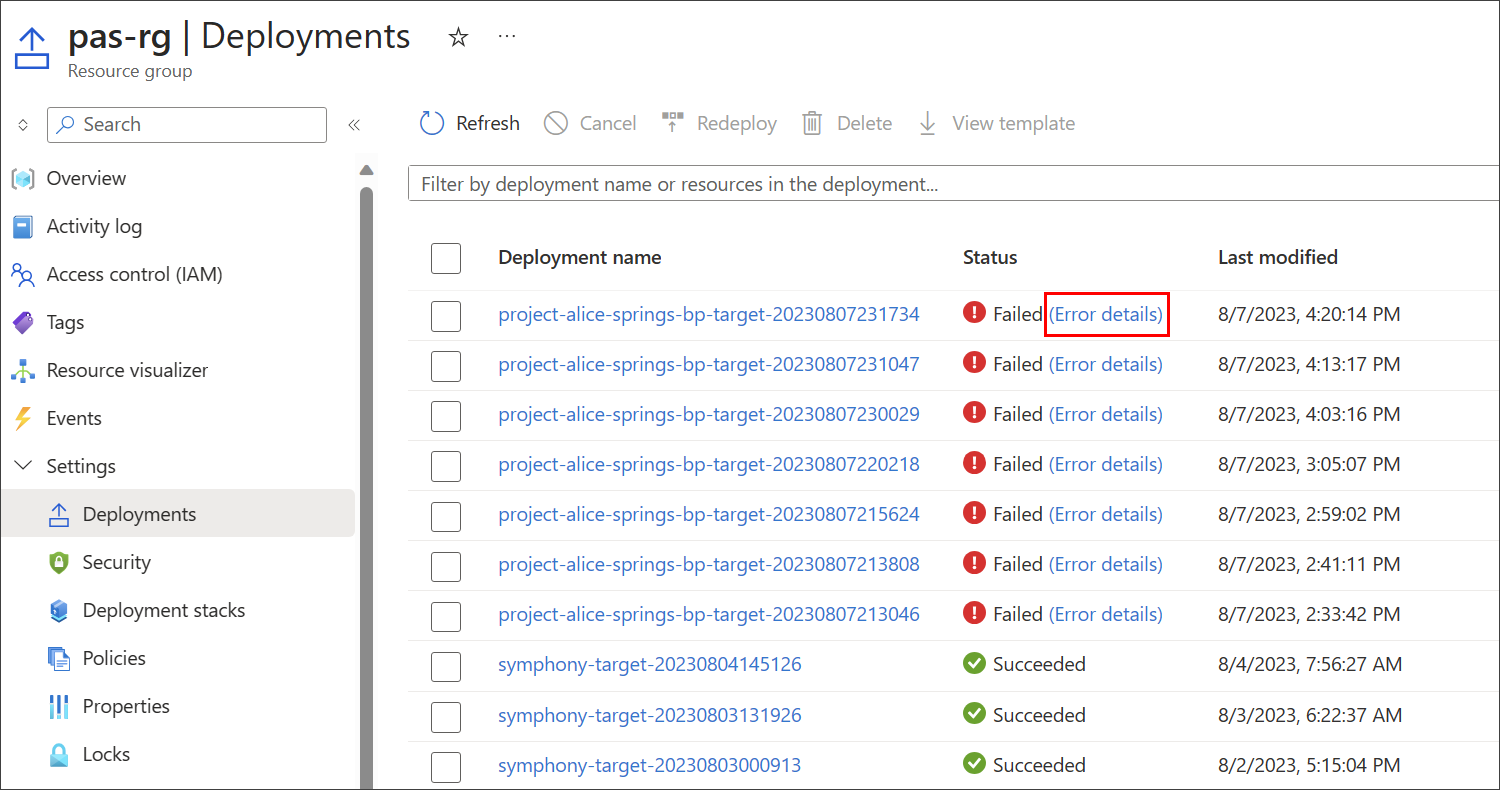 Screenshot of error details for a failed deployment