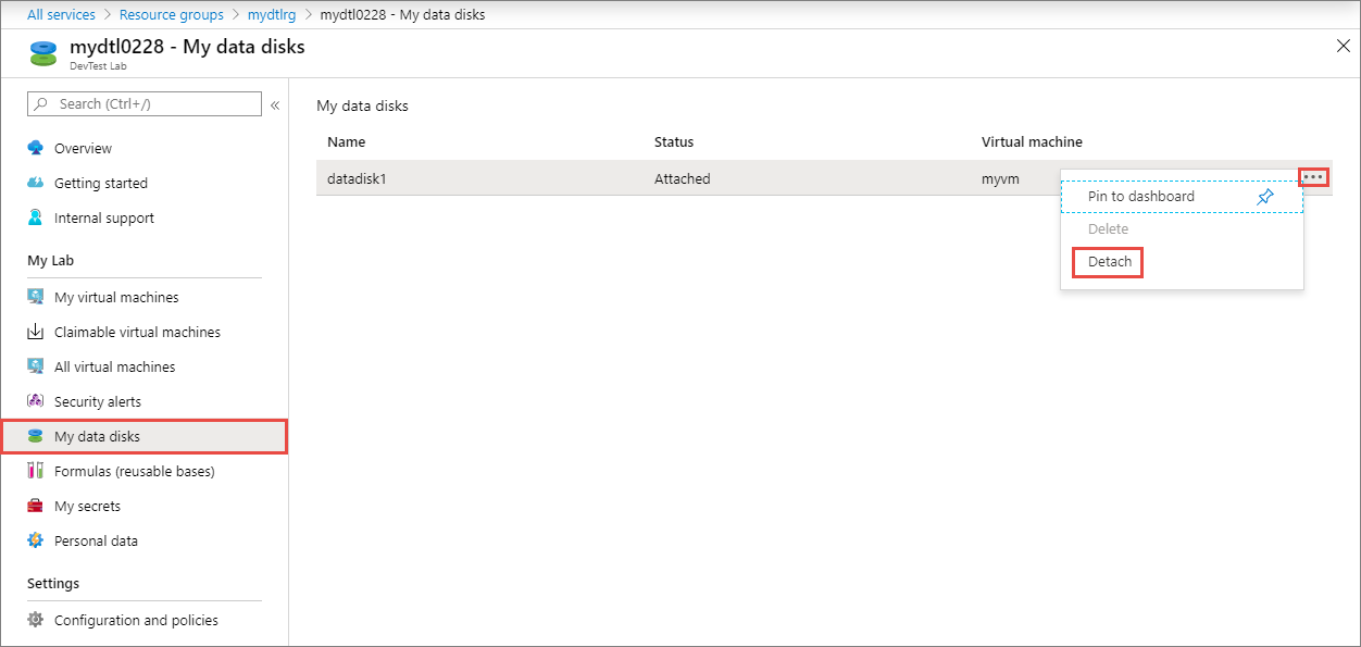 Screenshot of detaching a data disk from the listing's context menu.